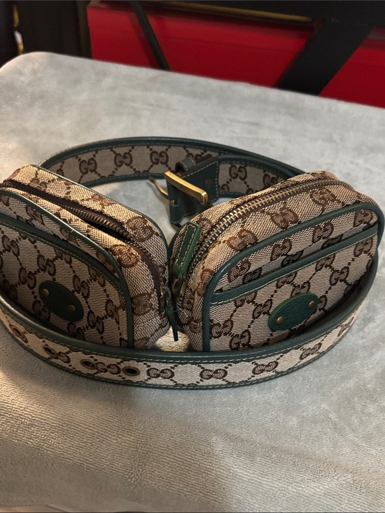 Gucci Accessories - Gucci Beige GG Canvas Double Pouch Belt Bag with Green Trim